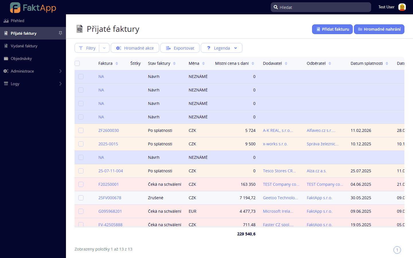 Zobrazení seznamu faktur